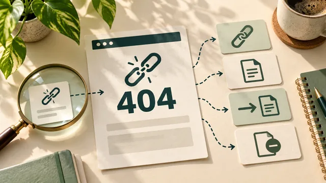 A paper 404 page and magnifying glass sit beside four response cards showing a corrected link, restored page, redirect and closed page; an abstract planning illustration.