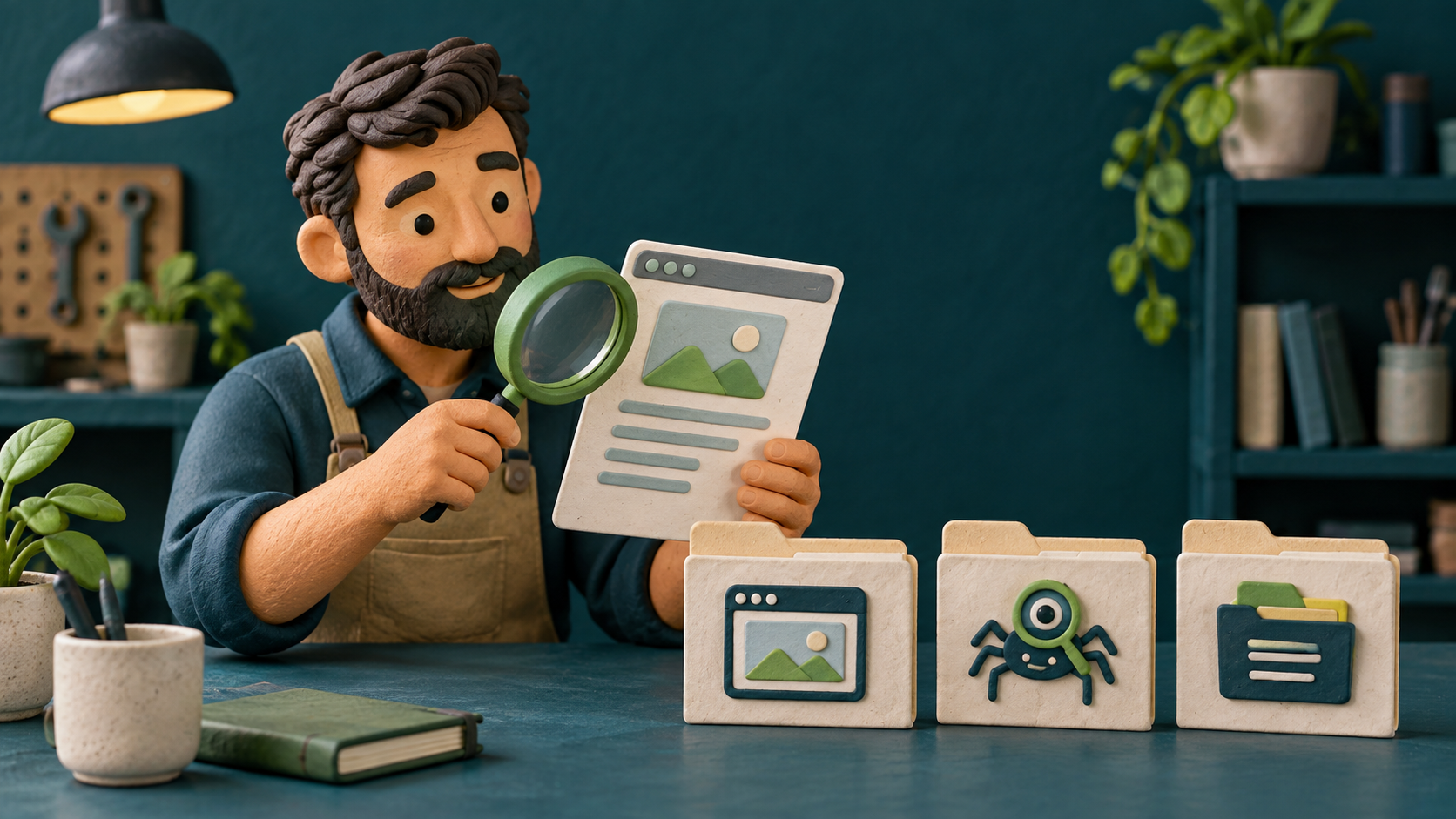 Illustrative business owner inspecting a website card beside separate browser, crawler and index evidence folders.