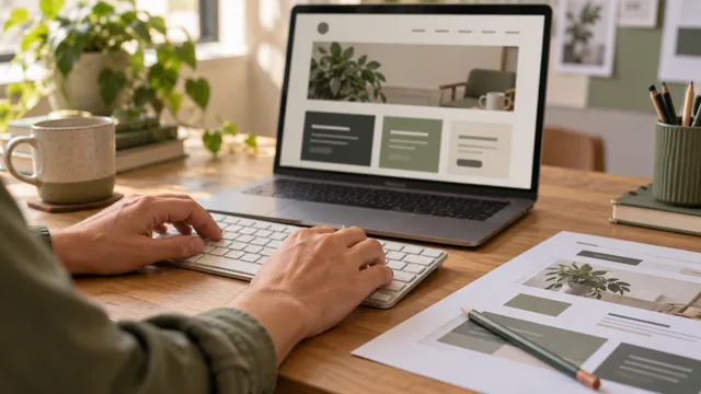 Hands using a keyboard beside a laptop and printed website layouts on a timber desk.