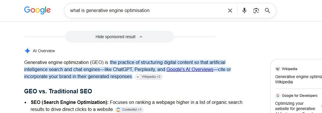Google AI Overview for what is generative engine optimisation, showing a generated explanation and Wikipedia and Google for Developers source cards