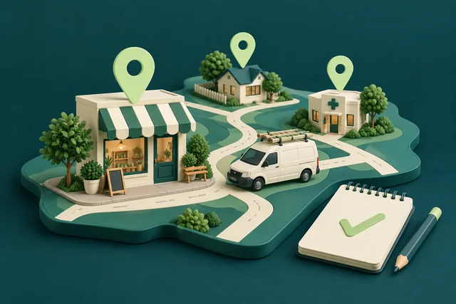 Illustration of a neighbourhood shop, homes and a service van connected by roads and location pins.