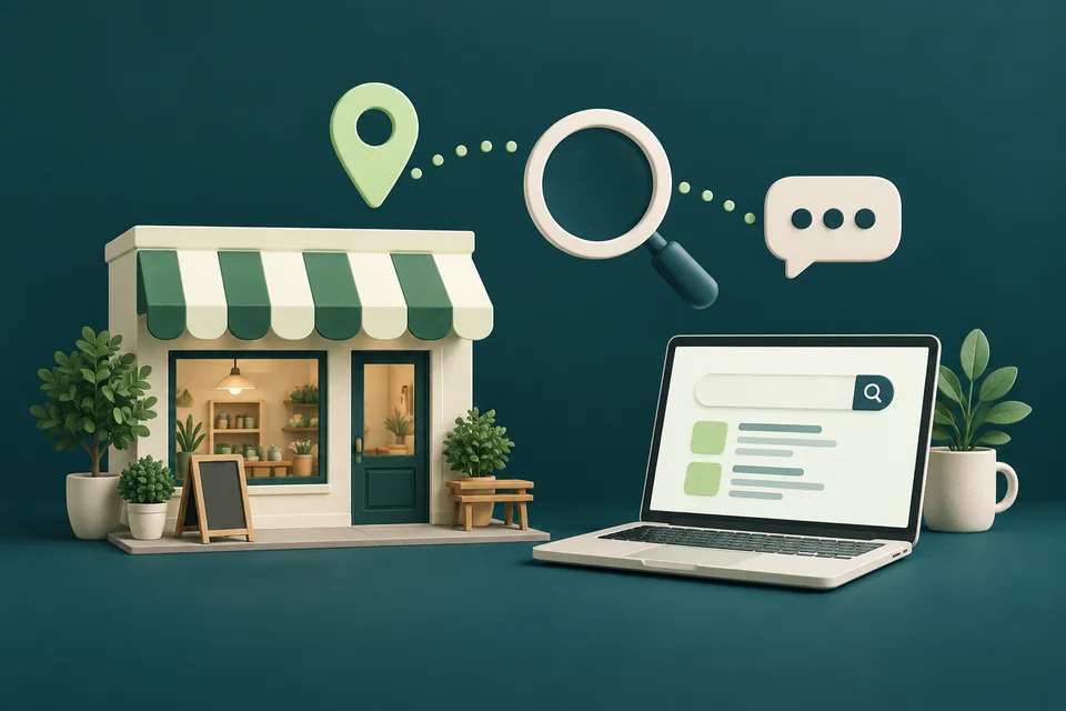 Illustration of a neighbourhood shop connected to a laptop, search symbol and conversation bubble.