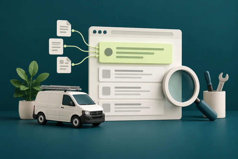 Conceptual illustration of a generated answer above search results, with source documents and a small-business van.