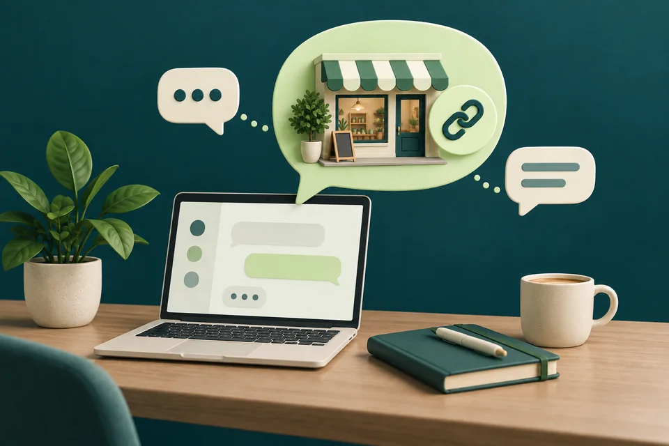Illustration of a conversational search on a laptop connecting to a small business and a source link.
