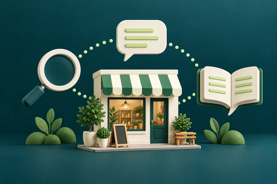 Illustration of one small business connected to search, direct answers and generated responses.
