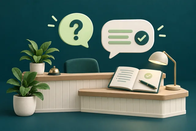 Illustration of a small-business reception desk with a customer question and a clear answer.
