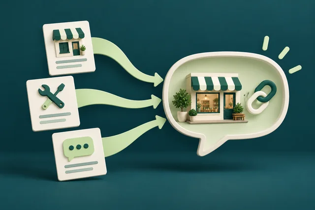 Illustration of business information sources contributing to a generated answer with a shop and source link.