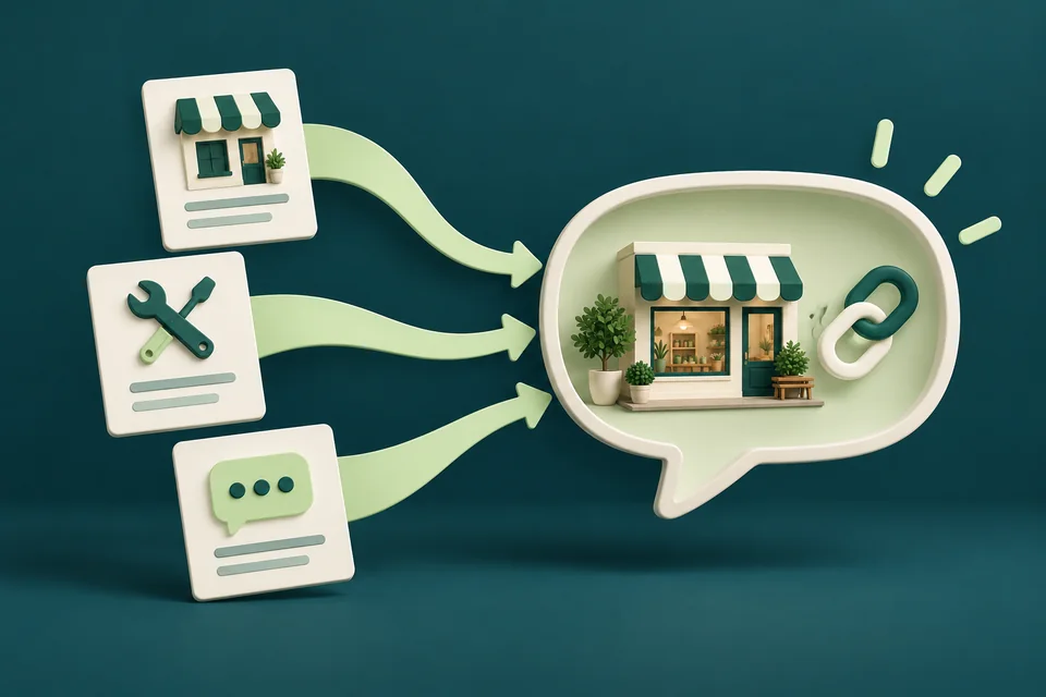 Illustration of business information sources contributing to a generated answer with a shop and source link.