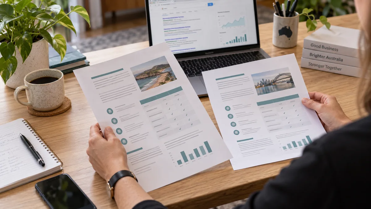 Business owner comparing two agency proposals beside a laptop.
