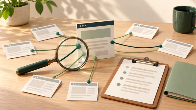 Conceptual magnifying glass examines threads between paper website cards beside a review clipboard and folder; no actual backlink or risk verdict.