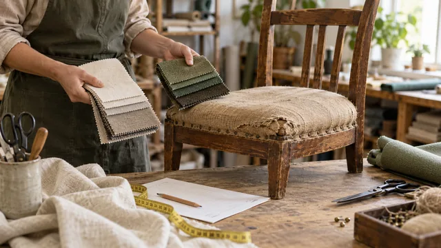 An upholsterer comparing fabric swatches beside a worn dining chair in a workshop.
