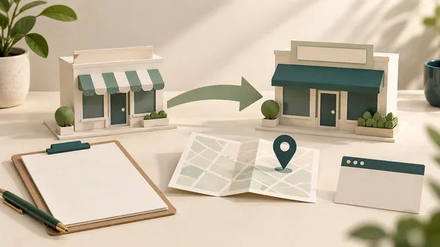 Conceptual paper premises linked by an arrow beside a map pin, website card and move-planning clipboard; no actual address or business location.