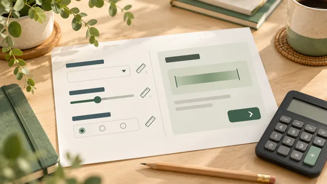 An abstract website calculator with input controls and a separate result and next-step card beside a ruler, calculator and pencil.