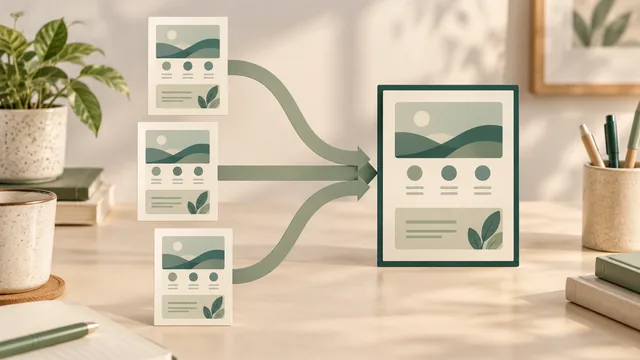 Three matching abstract service-page cards connected by sage paper ribbons to one larger framed card.
