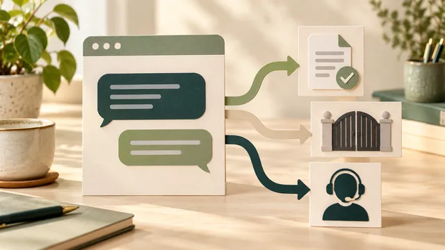 Abstract website chat bubbles branch towards approved information, a support-headset card and a closed gate representing a limit; no actual chatbot product is shown.
