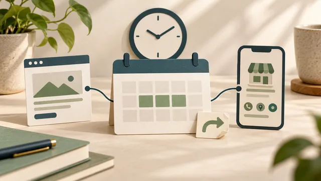 Conceptual calendar, clock, website and phone listing cards linked to one short closure plan, with a return arrow and no actual business dates.