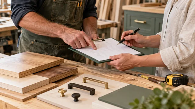 Two people checking a clipboard beside cabinetmaking materials in a workshop.