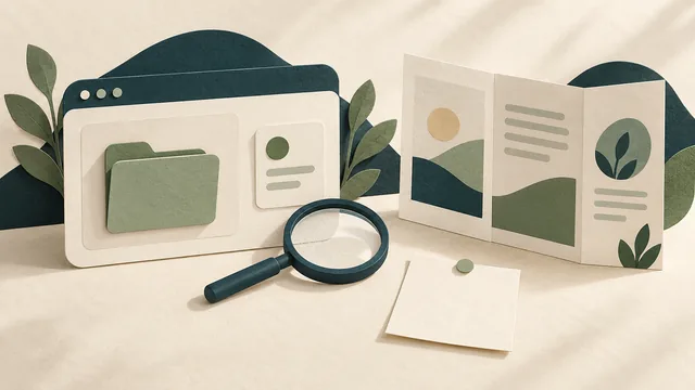 Conceptual customer-workspace and document cards beside a public information leaflet, task note and magnifying glass; no actual portal, customer data or security claim.