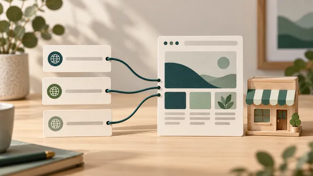 Three blank address cards connected to one website outline beside a small unbranded storefront model.
