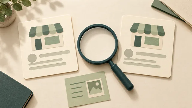 Two conceptual paper business-listing cards examined with a magnifying glass beside an evidence note; no actual Google interface, business or completed merge.