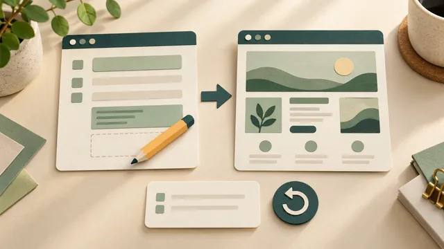 Conceptual paper editing fields and a resulting website layout beside a pencil, task card and return arrow; no actual account or client site.