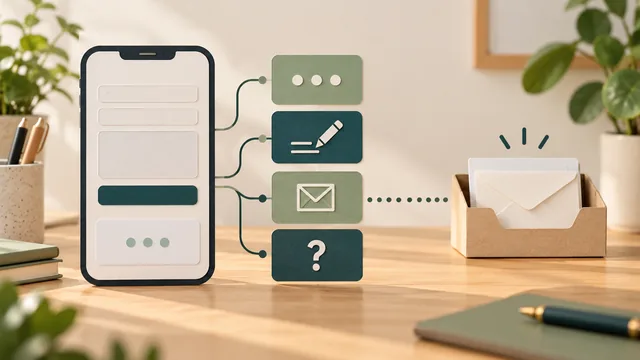 Conceptual phone-form and status cards beside a separate inbox tray, illustrating customer feedback and business receipt as different checks.