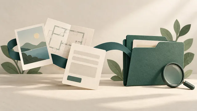 Conceptual paper photo and plan cards linked with an enquiry card and folder, beside a magnifying glass; no actual customer material or interface.