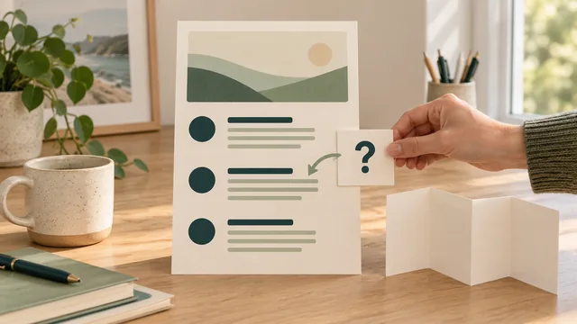 A hand positions an abstract question card beside the relevant answer section on a paper website mock-up; a folded card suggests an optional expandable layout.