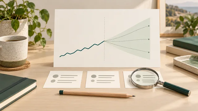 Abstract planning chart separates a solid historical line from tentative dotted future paths, with assumption cards and a magnifying glass on a cream desk.