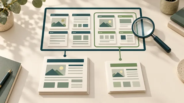 Abstract website pages inside a whole-site frame and a smaller section frame, connected to separate reports beneath a magnifying glass.