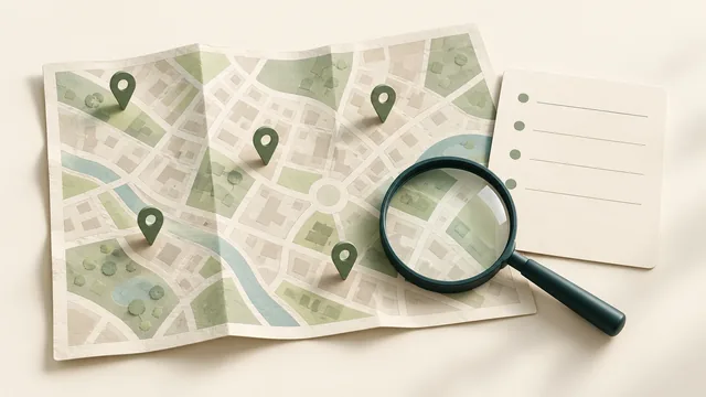 Abstract paper neighbourhood map with neutral location pins, a blank measurement card and magnifying glass; no real locations, rankings or client results.