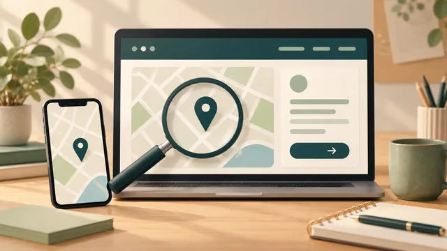 An abstract contact-page map and phone showing a matching destination pin beside a separate information and arrow card.