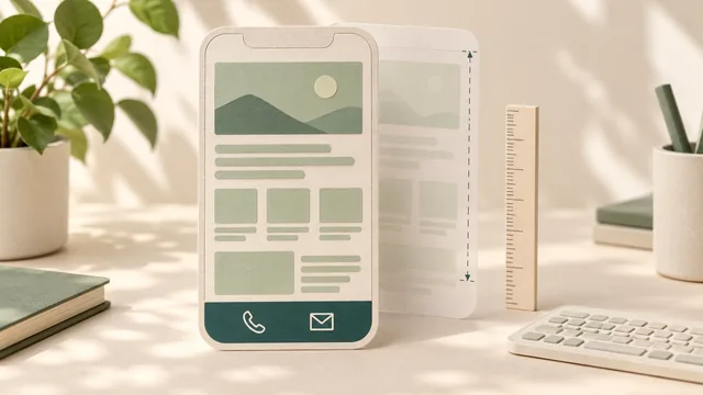 Conceptual phone website with a bottom phone-and-envelope strip, visible content, a paper ruler and keyboard token; no actual client interface.