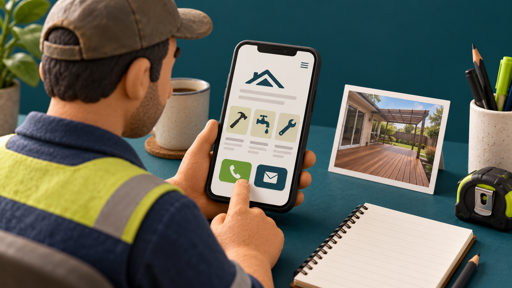 Illustrative trade owner checking service and contact options on a phone beside a generic project image.