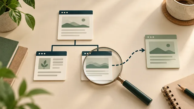 Abstract linked website cards beside a separate page, with a magnifying glass and dashed candidate route awaiting review.