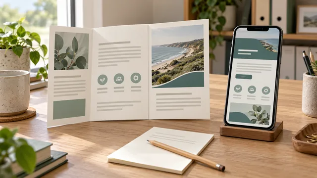 A folded cream brochure beside a phone showing an abstract service page, with a revision note between them.