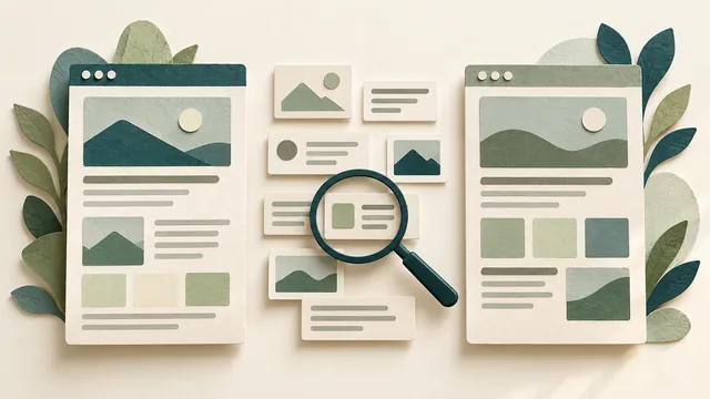 Conceptual paper website pages with different layouts and content tiles between them, examined with a magnifying glass; no actual merge or search result.