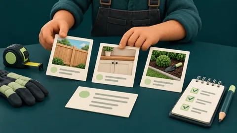 Trade business owner selecting job photos, captions and permission records for a website gallery.