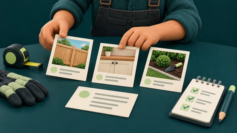 Trade business owner selecting job photos, captions and permission records for a website gallery.