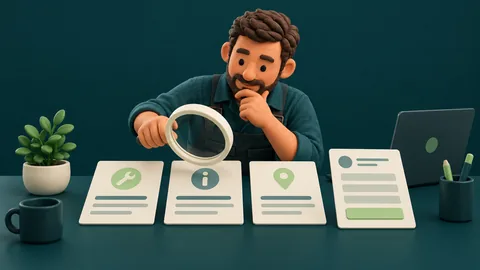 Clay illustration of a magnifying glass beside service, information and location search cards.