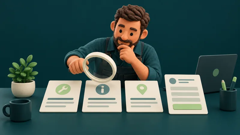 Clay illustration of a magnifying glass beside service, information and location search cards.
