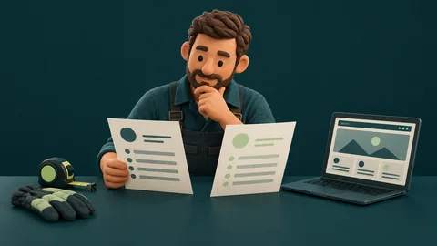 Trade business owner comparing two website proposals beside a laptop.