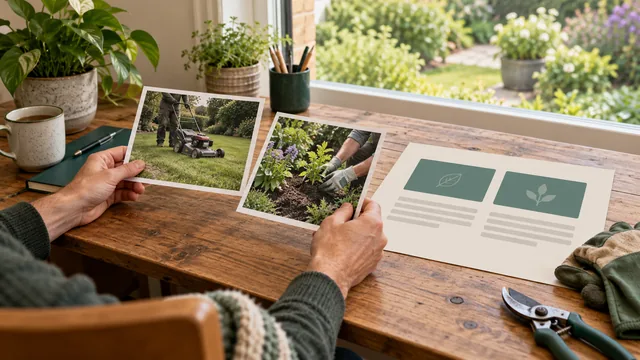 A garden-business owner reviewing past and current service photographs beside a blank page outline.