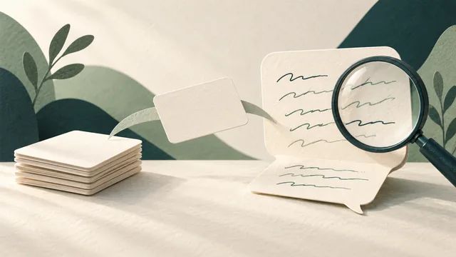 Conceptual paper invitation, completed-job cards and an open feedback bubble inspected with a magnifying glass; no real review or customer result.