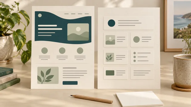 Two paper panels showing an abstract service page and corresponding information cards on a cream desk.