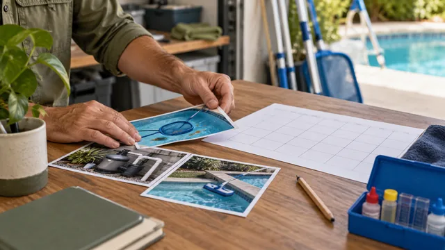 A pool-service operator arranging service photographs beside a blank planning grid and water-test kit.