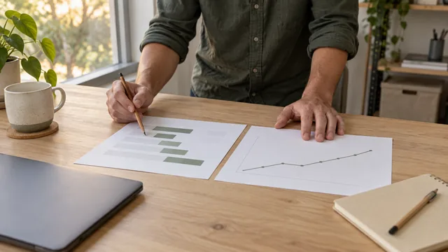 A person comparing two paper planning sketches beside a closed laptop.