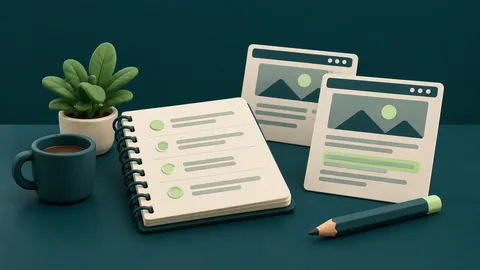 Clay illustration of a notebook change log beside two website page cards.