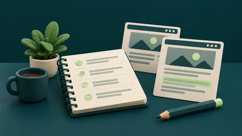 Clay illustration of a notebook change log beside two website page cards.