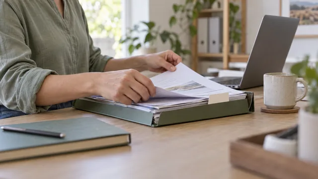 A person sorting printed reports in a folder beside a laptop and notebook.